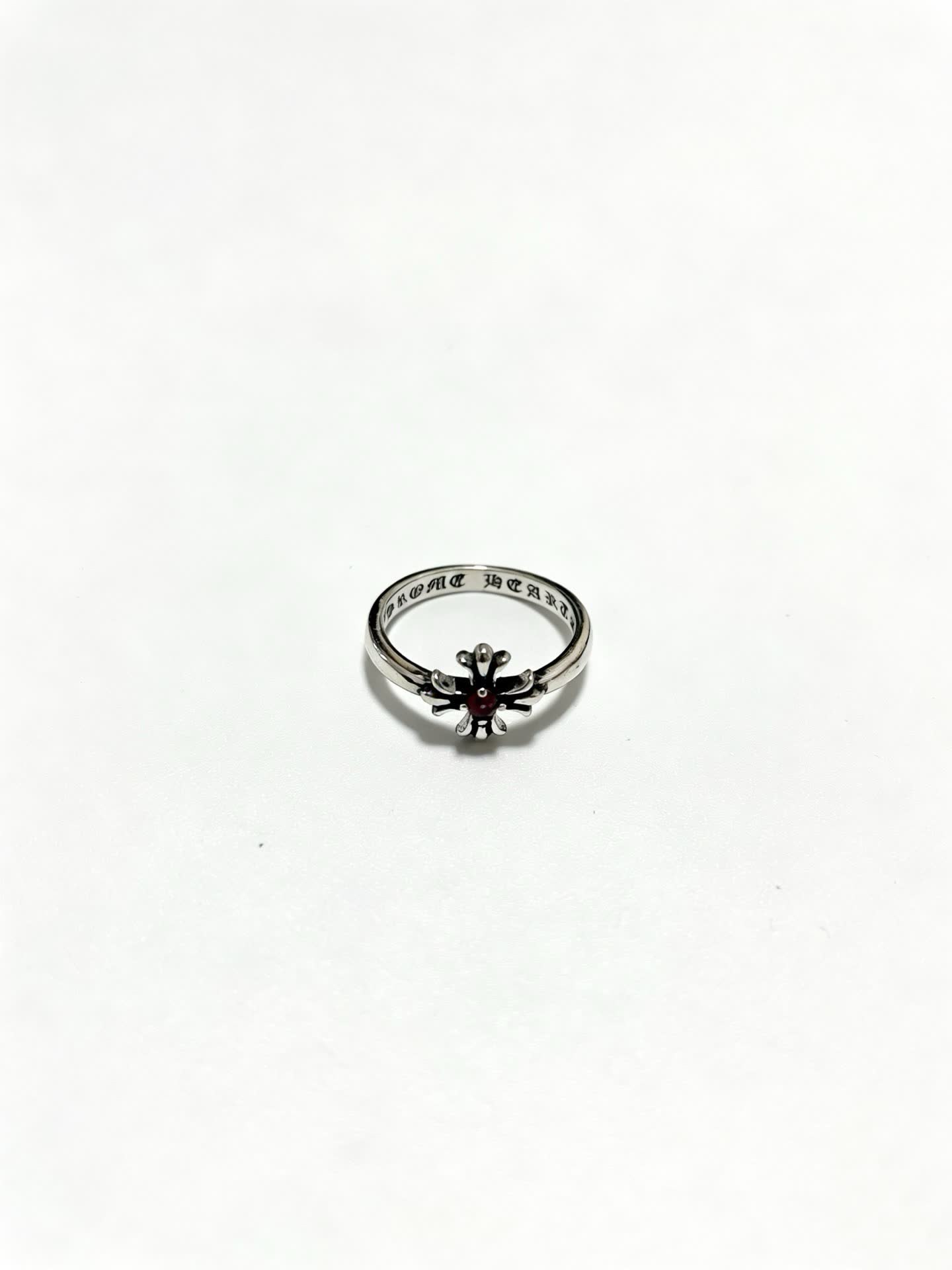 Chrome Hearts Silver Flower Ring with Red Gemstone
